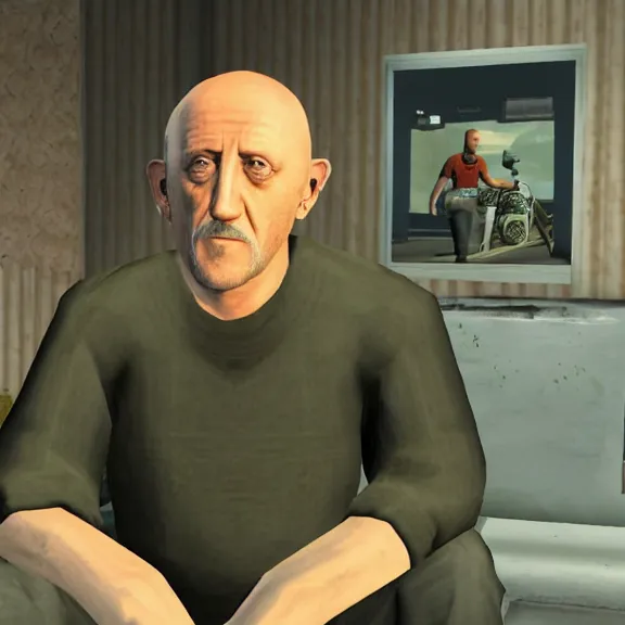 Image similar to Mike Ehrmantraut in Los Santos, screenshot from the PS2 version of GTA San Andreas, orange sky, screenshot from 2004, low quality graphics