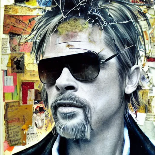 Prompt: detailed analogue mixed media collage with canvas texture in style of contemporary art, punk art, hyperrealistic 3 9 - year - old french bearded long - haired yoga punk singer wearing sunglasses, commercial model and actor. looks like brad pitt. photorealistic, expressionism, masterpiece, perfect composition, spectacular quality, intricate oil details, vivid broken glass, torn paper, magazine pages