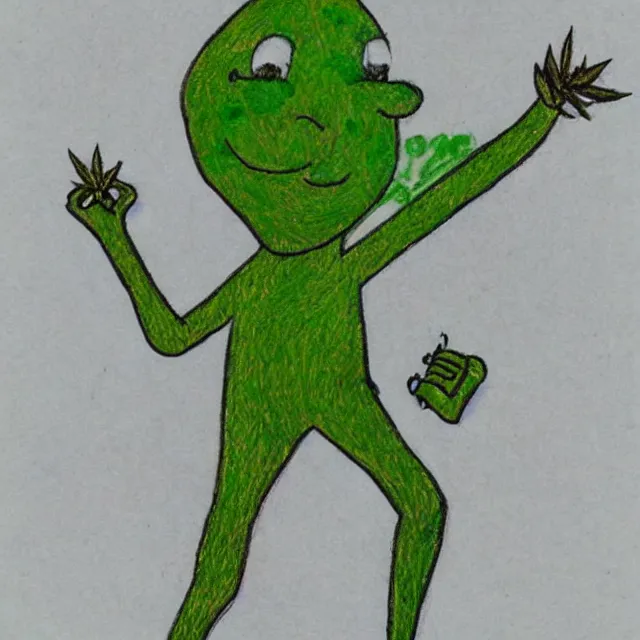 Prompt: smiling cannabis man with arms and legs cartoon, colored pencil illustration