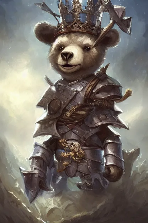 Image similar to cute little anthropomorphic bear knight wearing a cape and a crown, tiny, small, miniature bear, baby animal, short, pale blue armor, cute and adorable, pretty, beautiful, DnD character art portrait, matte fantasy painting, DeviantArt Artstation, by Jason Felix by Steve Argyle by Tyler Jacobson by Peter Mohrbacher, cinematic lighting