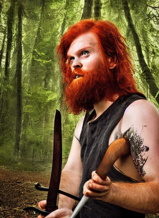 Image similar to grungy redhead 30-something scruffy bearded shoulder-length hair swordsman holding a short curved sword in a ultradetailed pacific northwest redcedar forest, smooth. sharp focus, grunge dingy high quality digital art detailed,