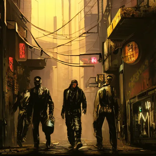 Prompt: A dark alley way with a group of gangsters. Dark, dystopian, cyberpunk, hyper detailed, 8k.