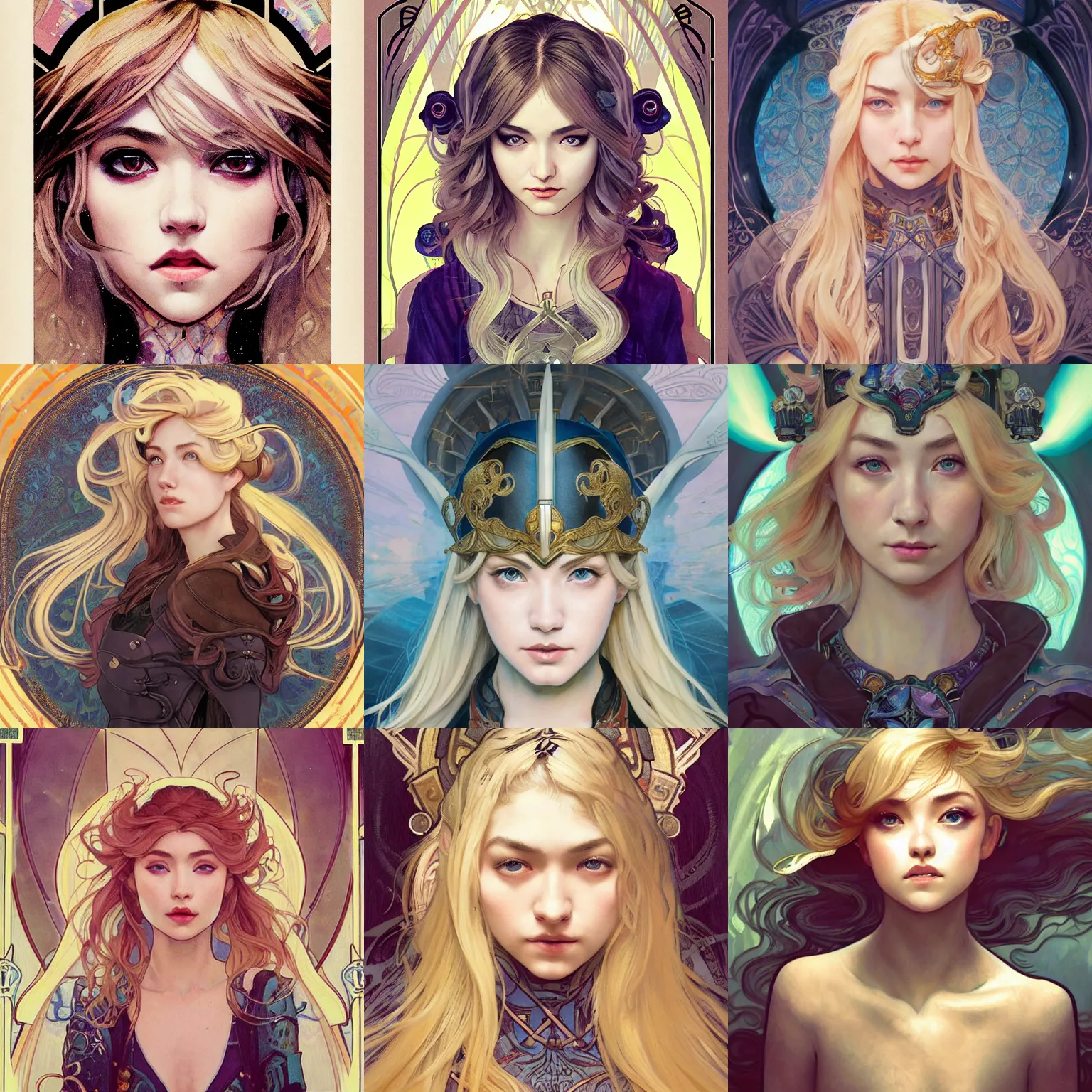 Prompt: masterpiece head-on symmetrical centered painted portrait, Imogen Poots as a paladin, blonde hair, elegant, in the style of ROSSDRAWS and Ruan Jia and Ross Tran and Alphonse Mucha and Ayami Kojima and Charlie Bowater and Karol Bak and Jean Delville, Pixar, Maya engine, splash comics, tarot card style, Art Nouveau, rich bright colours