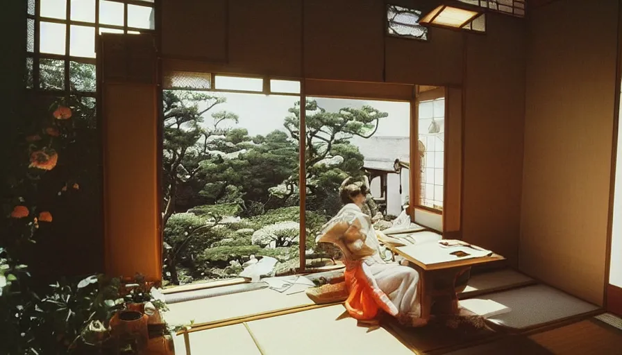 Image similar to 1 9 9 0 s candid 3 5 mm photo of a beautiful day in the a dreamy japanese flowery cottage designed by gucci, cinematic lighting, cinematic look, golden hour, a desk for flower arrangements and journaling has sun shinning on it through a window, temple in the distance, photographed by petra collins, uhd