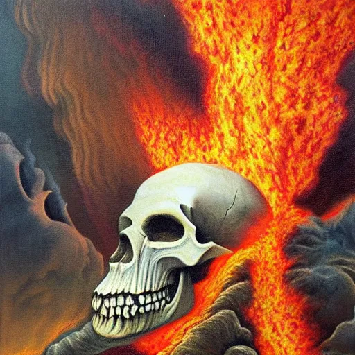 Image similar to an active supervolcano exploding with fire and thick smoke in the shape of a demonic skull by dan seagrave art