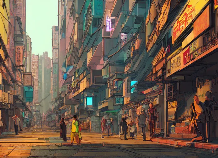 Image similar to a cyberpunk hong kong alley with robots and humans walking around by moebius, pixar color palette, clear details, ground level