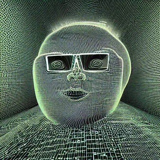 Image similar to extremely detailed photorealistic portrait of an intricate fat digital robot ai with glitchy noise around it