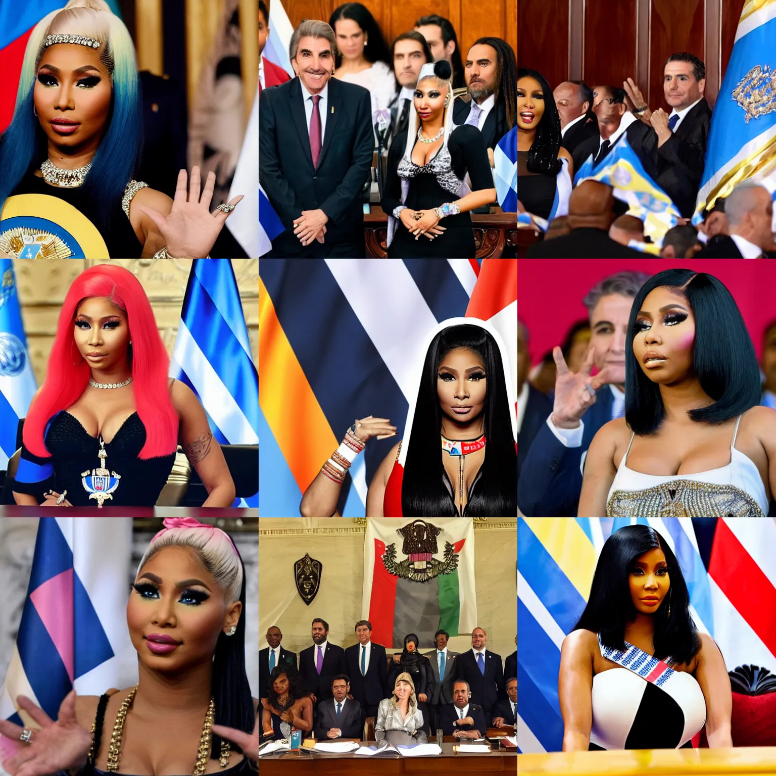 Prompt: Nicki Minaj as the president of Argentina, in the Argentine Congress, wearing presidential band, flags of Argentina behind, detailed picture