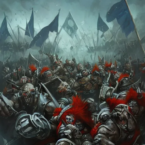 Image similar to Orcs from Warhammer Fantasy with Russian flags are charging by Greg Rutkowski