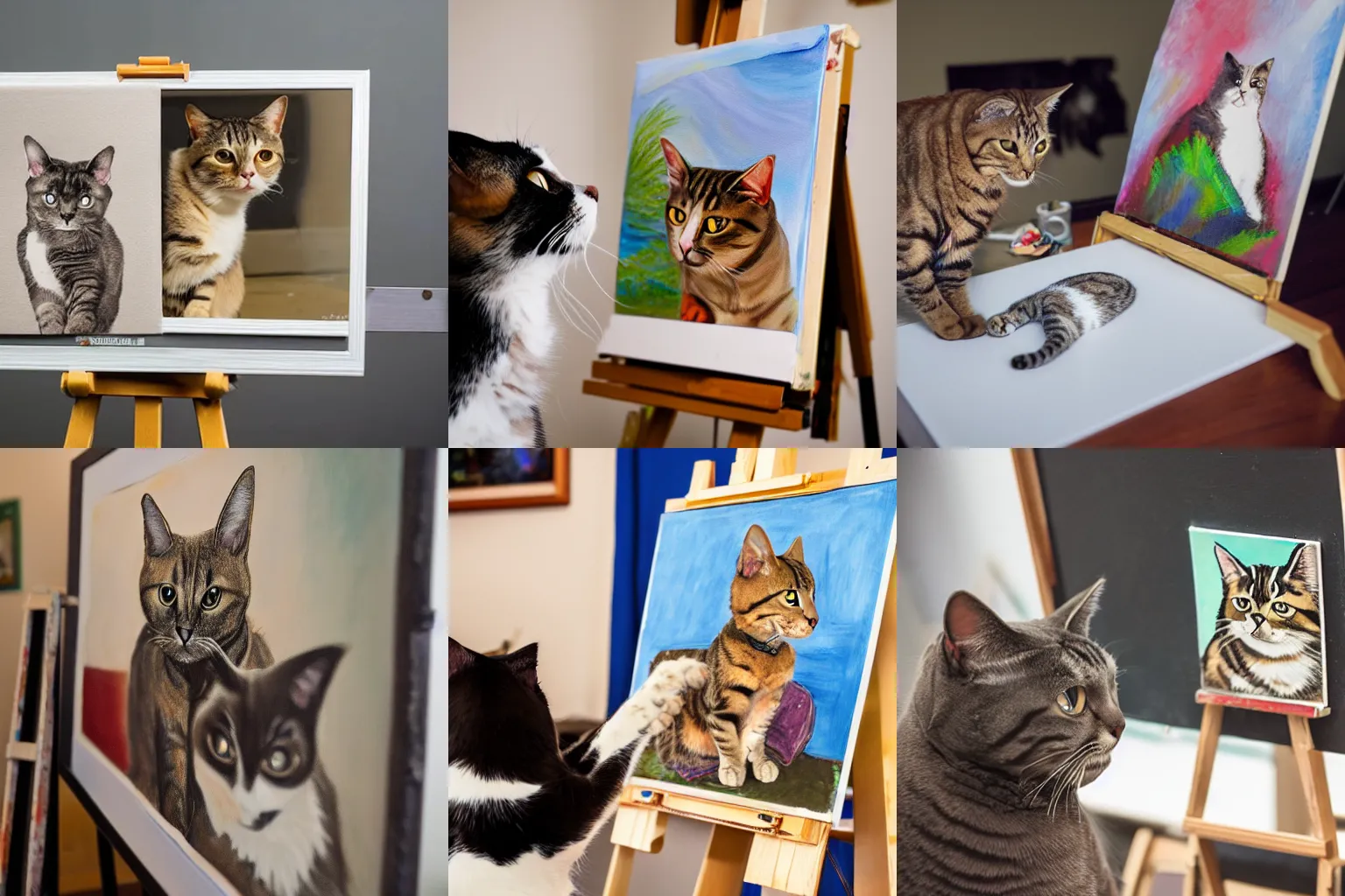 Prompt: a photo of a cat painting an image of a dog, easel, canon 5 d