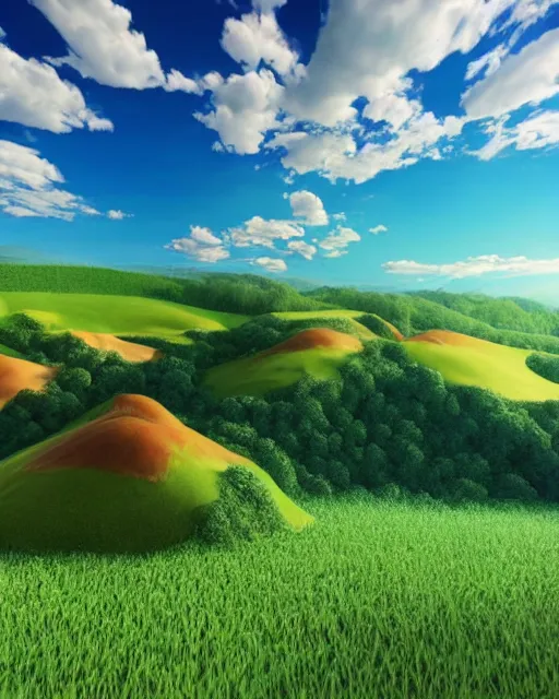 Prompt: a grassy scenic valley with blue skies inside a person, 3 d art