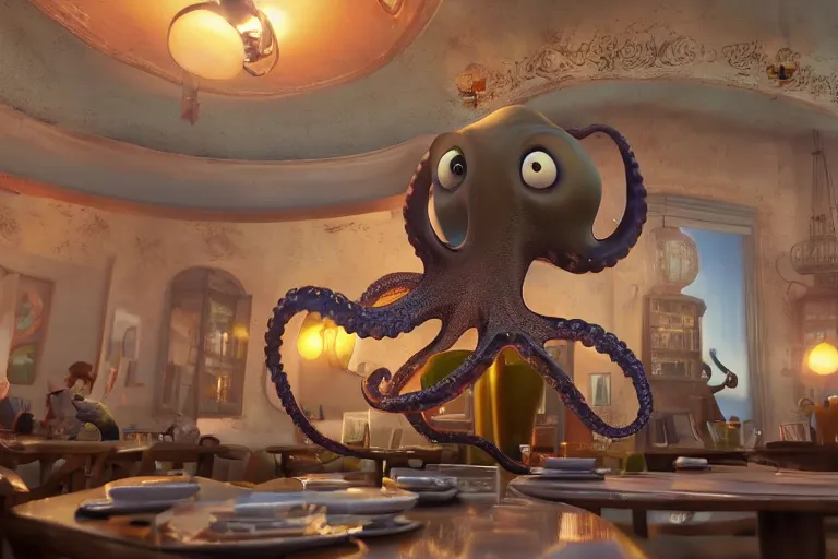 Image similar to Angry little octopus threaten with a fist from a cup of coffee in beautiful morning café in Paris. Pixar Disney 4K 3d render funny animation movie Oscar winning trending on ArtStation and Behance. Oscar Award winner