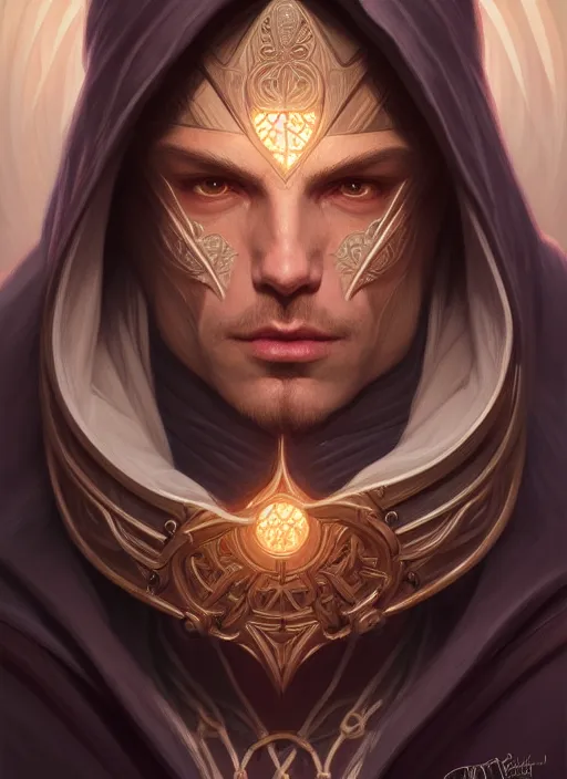 Prompt: symmetry!! portrait of male wizard wearing a hood, high fantasy, intricate, elegant, highly detailed, photorealistic, cinematic lighting, digital painting, artstation, concept art, smooth, sharp focus, illustration, art by artgerm and greg rutkowski and alphonse mucha,