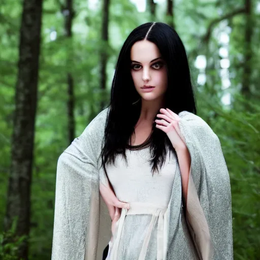 Image similar to raven haired seductive supermodel maiden with stunning light eyes with a beautiful face, fair soft skin, wearing a cloak, in a creepy forest