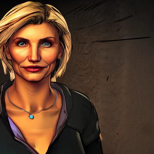Image similar to cameron diaz portrait, borderlands, tales from the borderlands, the wolf among us, comic, cinematic lighting, studio quality, 8 k