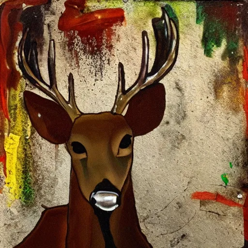 Image similar to deer with a cigarette in its mouth, artistic, painterly, expressive great contrast, brown and green, rule of thirds, dripping paint, thick strokes