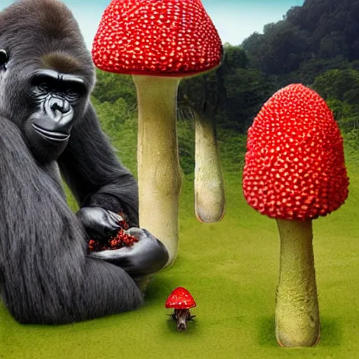 Image similar to gorilla holding an amanita muscaria made by beeple