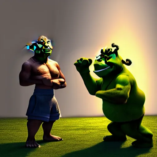 Prompt: boxing standoff between barrack obama and shrek, hyperrealistic picture,, fantasy art, photo realistic, dynamic lighting, artstation, poster, volumetric lighting, very detailed, 8 k, award winning