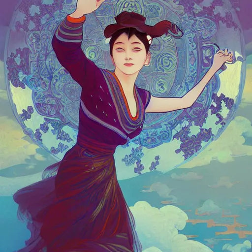 Prompt: a beautiful painting of a girl flying to the moon, wearing ancient chinese clothes, clothes floating, dramatic lighting, complementary colors, in the style of thomas river and ilya kuvshinov, alphonse mucha, by disney concept artists, beautiful detailed illustration