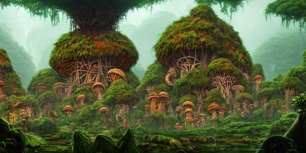 Image similar to a jungle village of ape - god worshippers and their giant mushroom dwellings, matte oil painting, retrofuturistic, science fantasy, salt, rust, polyps, mutant, lgbt, queer, rpg, epic, dungeons & dragons, sacred, sharp focus, award - winning, extremely detailed, 4 k, 8 k