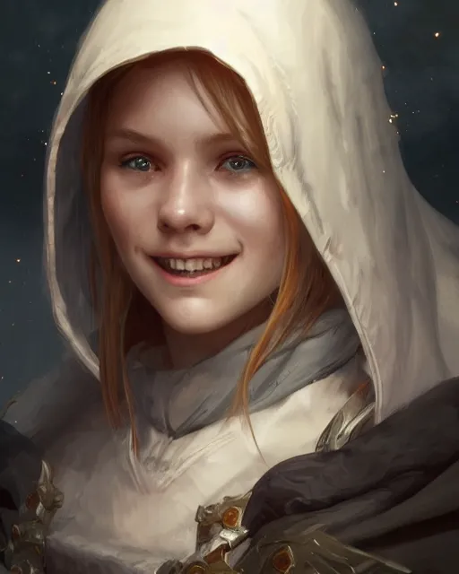 Prompt: Close-up portrait of smiling young nordic girl wearing hood, dark fantasy, portrait, highly detailed, digital painting, artstation, concept art, sharp focus, illustration, art by artgerm and greg rutkowski and alphonse mucha