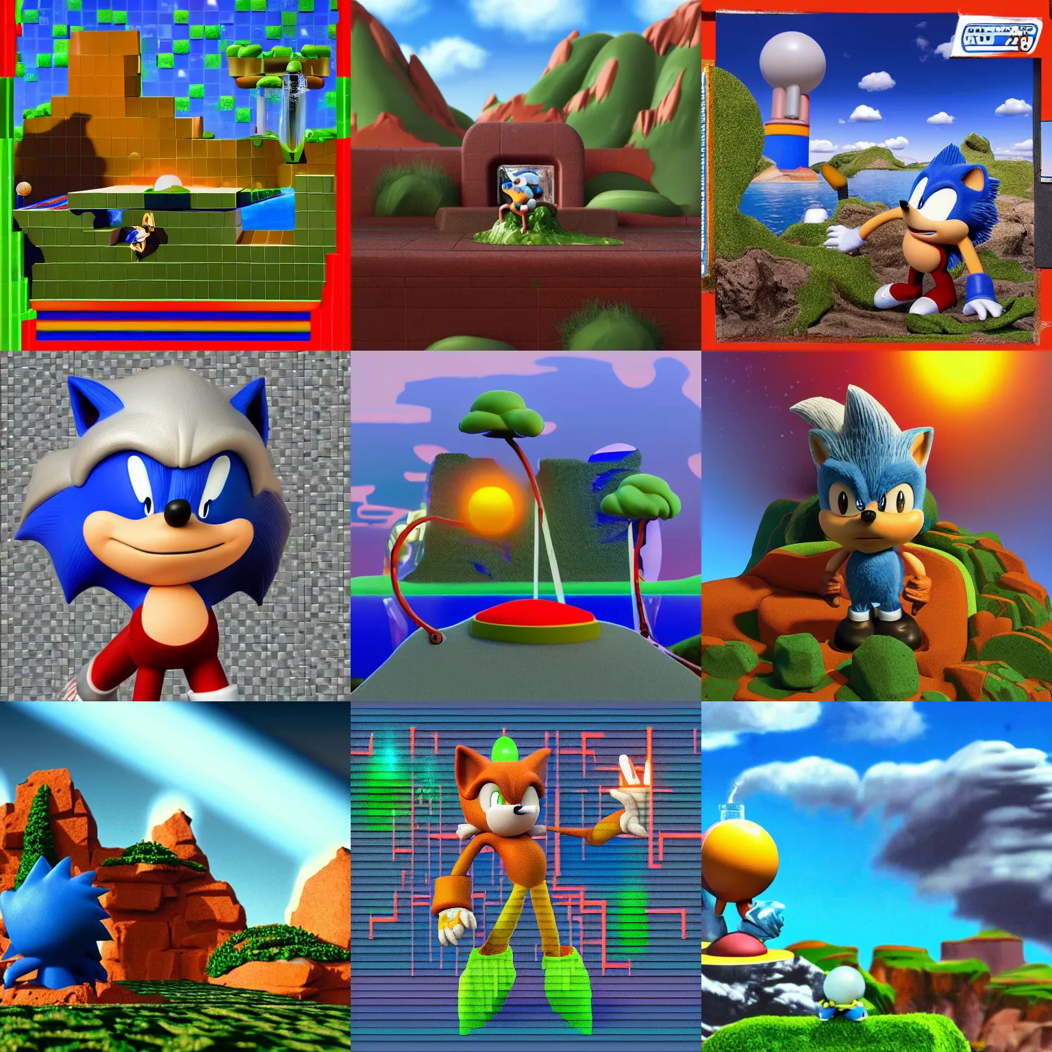 Prompt: clay sonic the hedgehog giant clay portrait sonic the hedgehog towering above the landscape, sega sonic stop motion claymation polaroid and surreal, liquid metal lava lamp prerendered 1 9 9 0 s 1 9 9 6 raytraced terragen phong shading sonic the hedgehog checkerboard