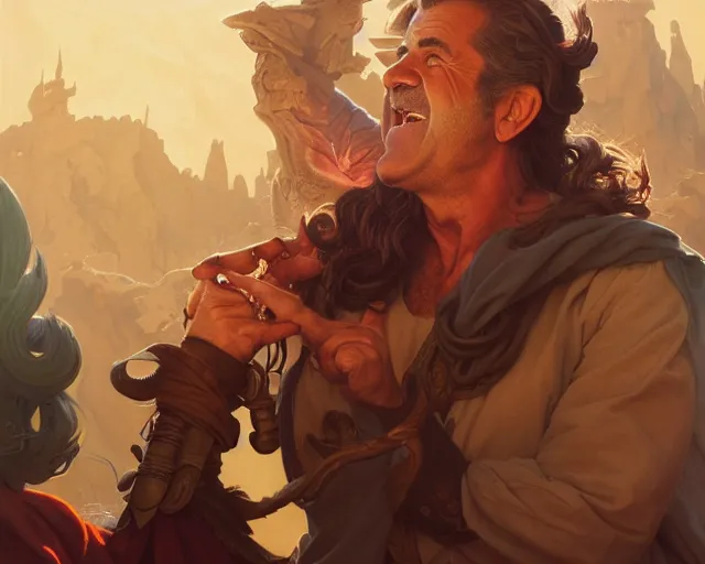 Image similar to mel gibson laughing out loudy, photography of kurzgesagt, deep focus, d & d, fantasy, intricate, elegant, highly detailed, digital painting, artstation, concept art, matte, sharp focus, illustration, hearthstone, art by artgerm and greg rutkowski and alphonse mucha