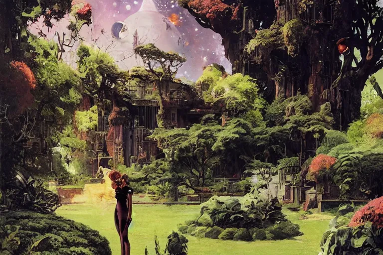 Image similar to pulp scifi illustration, elegant black woman watches spacecraft land in garden of stately home, flowers, baobab trees, distant town in valley and hills, by norman rockwell, jack kirby, john berkey, bergey, craig mullins, ruan jia, raymond swanland, jeremy mann, beksinski, tom lovell, alex malveda, schomburg