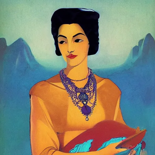 Prompt: an illustration of a fair skin with dark curly stylised hair queen wearing dress, by nicholas roerich, by frank frazetta by georgia o keeffe by frederick william elwell, by otomo, by hans emmenegger, by eyvind earle highly detailed, realistic, outline, line work concept art, jewels, oriental, stylised flat colors, animation