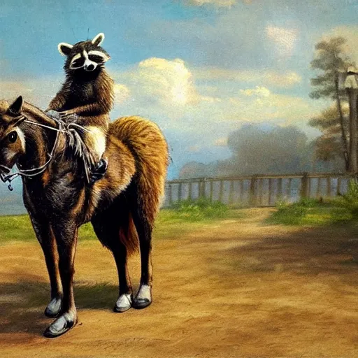 Prompt: a raccoon riding a horse, photorealist