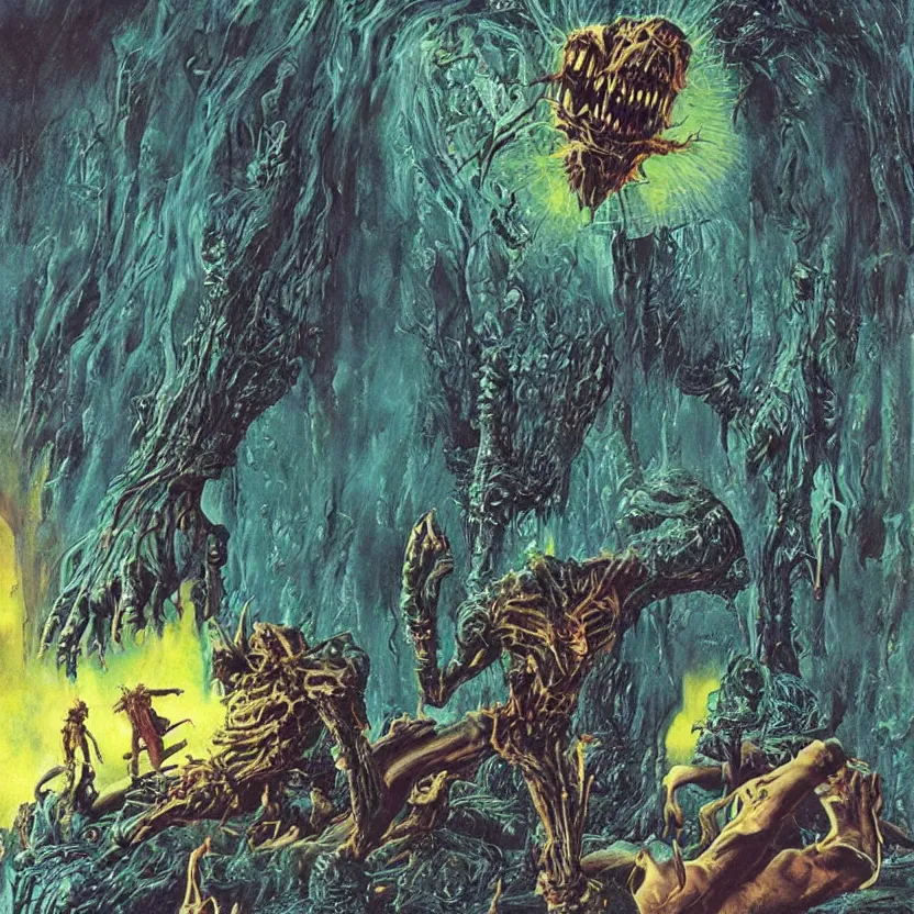 Image similar to a monster coming out of a painting. goosebumps cover art by tim jacobus, bruce pennington, richard corben, and bruce pennington. pulp horror art.