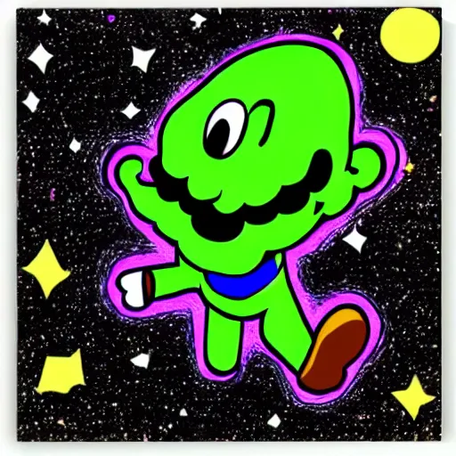 Image similar to a portrait of an alien cosmic psychedelic Super Mario waiting for you in deep space, by Gerald Blum