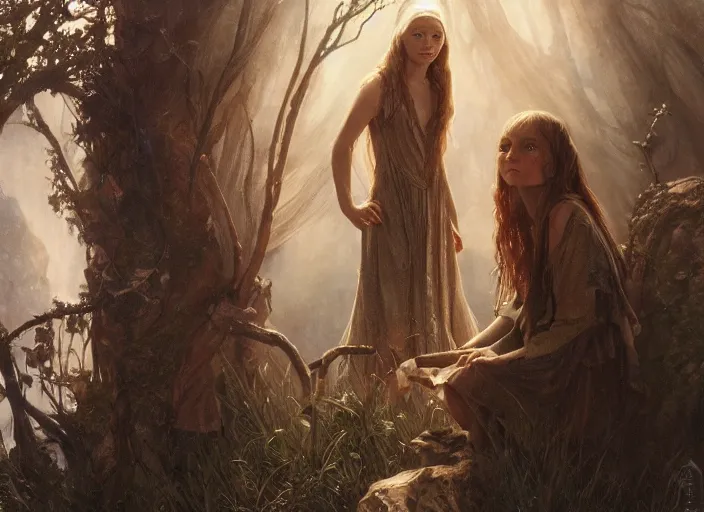 Prompt: a dramatic highly detailed render of the kids of Galadriel and Gollum, Middle-earth , by WLOP and Artgerm and Greg Rutkowski and Alphonse Mucha, Beautiful dynamic dramatic dark moody lighting, shadows, cinematic atmosphere, Artstation, Octane render, 8K, masterpiece, sharp focus, hyperrealistic, photograph