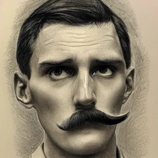 Image similar to A crosshatched portrait drawing of Jerma985 with a pyramidal mustache in the mid-late 1800s, cross haching, crosshatching, mid-late 1800s, grainy, realistic, hyperrealistic, very realistic, highly detailed, very detailed, extremely detailed, detailed, trending on artstation