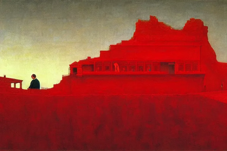 Image similar to only with red, a red melted emperor, taormina amphitheatre, crowd hails him, in the style of beksinski, parts by edward hopper, parts by rodcenko, parts by yue minjun, intricate and epic composition, red by caravaggio, insanely quality, highly detailed, masterpiece, red light, artstation, 4 k