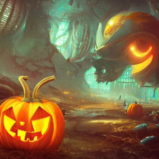 Image similar to detailed concept art illustration colorful oil painting of a sci-fi fantasy pumpkin in full intricate detail, ultra detailed, digital art, octane render, 4K, dystopian, micro details