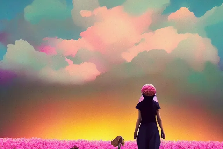 Image similar to giant dahlia flower under head, girl walking on mountain, surreal photography, pink storm clouds, dramatic light, impressionist painting, digital painting, artstation, simon stalenhag