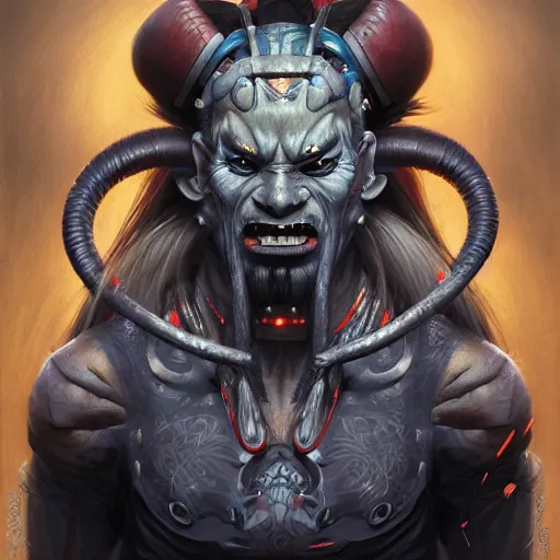 Image similar to portrait, cyberpunk japanese oni demon with hrons, stern expression, long hair, highly detailed, digital painting, artstation, concept art, smooth, sharp focus, illustration, artgerm, tomasz alen kopera, peter mohrbacher, donato giancola, joseph christian leyendecker, wlop, frank frazetta