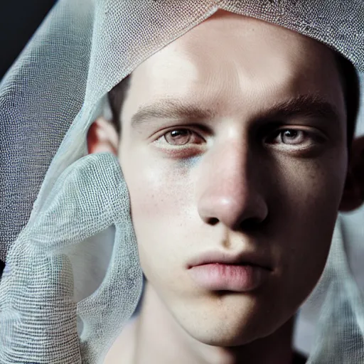 Image similar to a portrait of the most beautiful young men wearing a translucide iridiscent veil designed by iris van herpen, photographed by erwin olaf