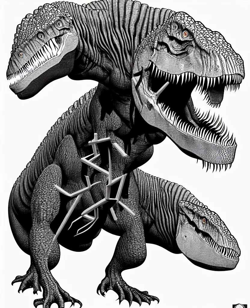 Prompt: tyrannosaurus rex, symmetrical, accurate, simple clean lines, black and white, coloring book, comic book, graphic art, line art, vector art, by martina matteucci, pavel shvedov, peter lundqvist, diane ramic, christina kritkou, artstation