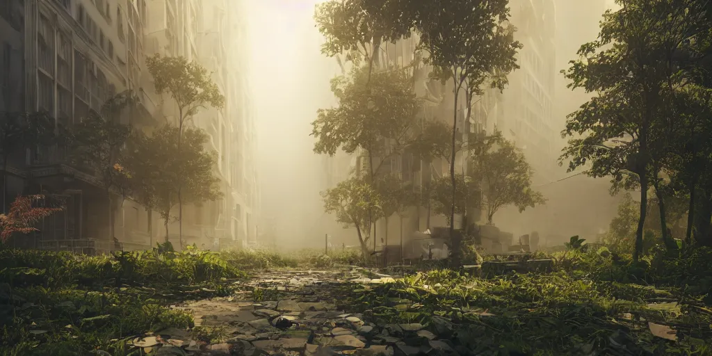 Image similar to Nature taking over a city, artstation, octane render, cgi, cgsociety, volumetric lighting, cinematic, colorful, ray traced, ambient occlusion, depth of field, fog,