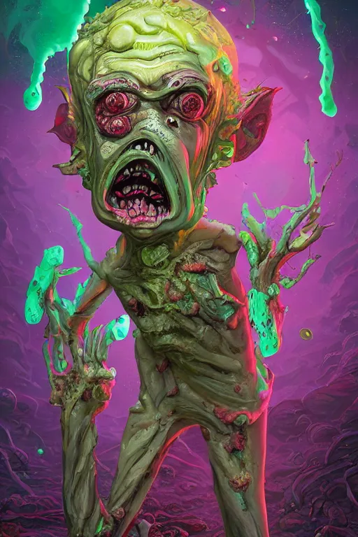 Prompt: rick and morty fused with a lovecraft fat space zombie with no eyes, dripping salvia, horror, photo, portrait, 3d, high details, intricate details, by vincent di fate, artgerm julie bell beeple, 90s, Smooth gradients, octane render, 8k, volumetric lightning, High contrast, duo tone, depth of field, very coherent symmetrical artwork