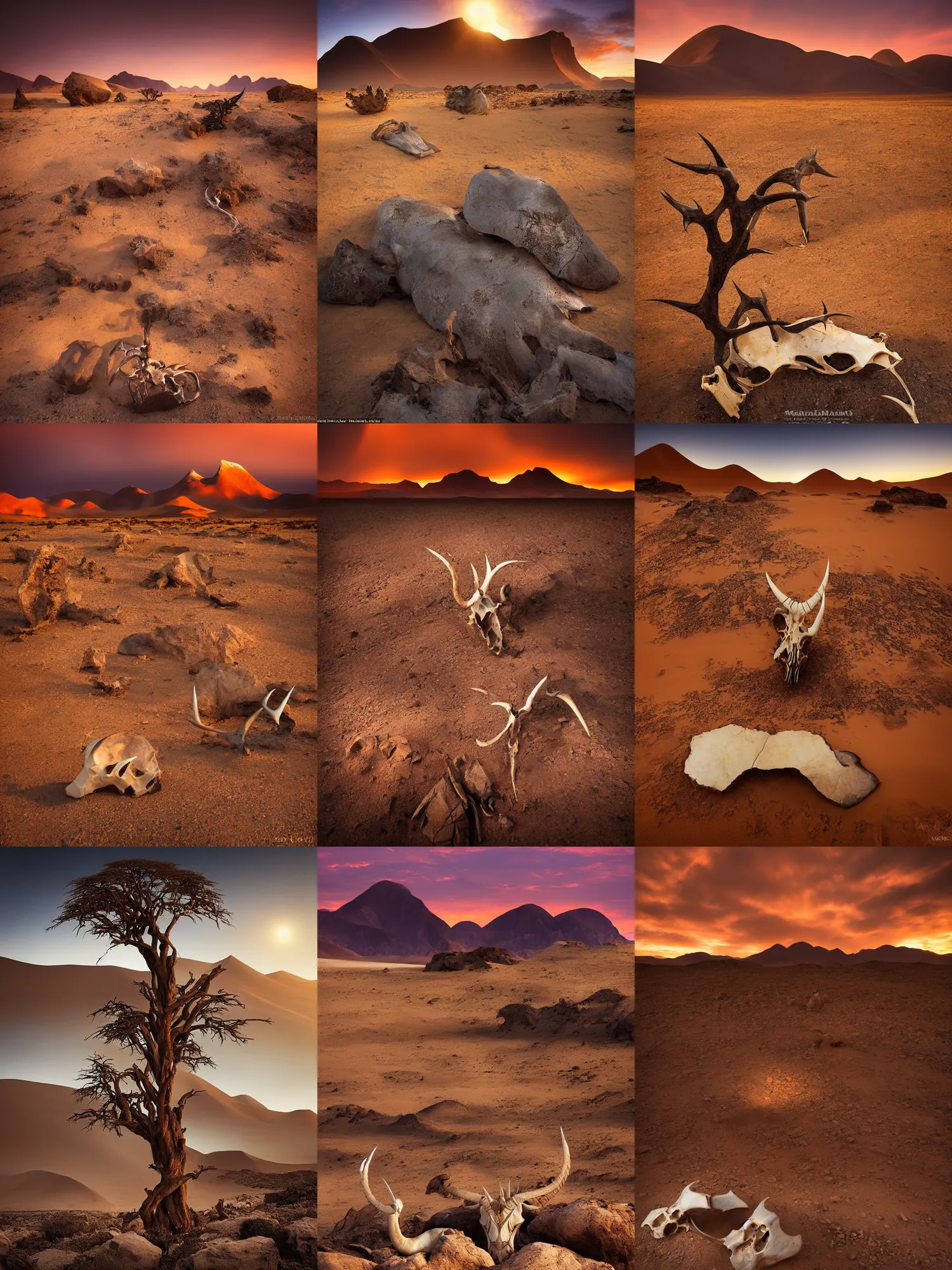 Prompt: amazing landscape photo of the Namib landscape with mountains in the distance and an Oryx skull on the rocks in the foreground by marc adamus, beautiful dramatic lighting, 16mm wide angle lens