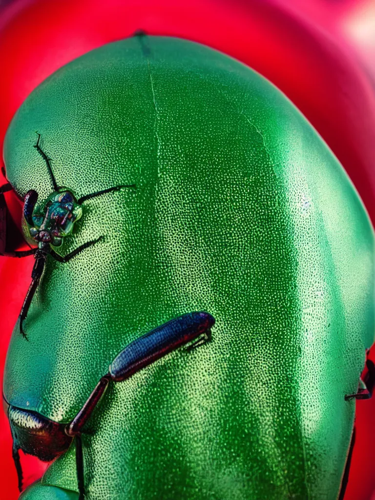 Prompt: subsurface scattering. close - up shot of a beautiful red white and green beetle. insect eyes. complementary color scheme. by slim aarons. studio photography high quality highly detailed award winning photograph by national geographic. soft volumetric light, smooth gradient.