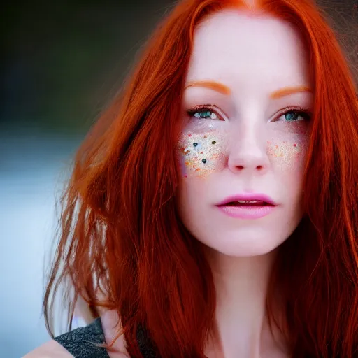 Image similar to close up portrait photo of the left side of the face of a redhead woman with galaxy of stars inside her eyes, she looks directly at the camera. Slightly open mouth, face covers half of the frame, with a park visible in the background. 135mm nikon. Intricate. Very detailed 8k. Sharp. Cinematic post-processing. Award winning photography