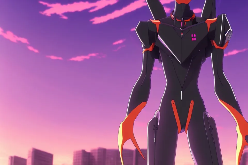 Image similar to anime illustration of black evangelion eva - 0 1 standing on an empty highway wearing a black plugsuit at dawn, cinematic lighting, evangelion anime poster, rebuild of evangelion 1 0 8 0 p, 9 0 s anime aesthetic, volumetric lights, rule of thirds, unreal engine render, pinterest wallpaper, trending on artstation