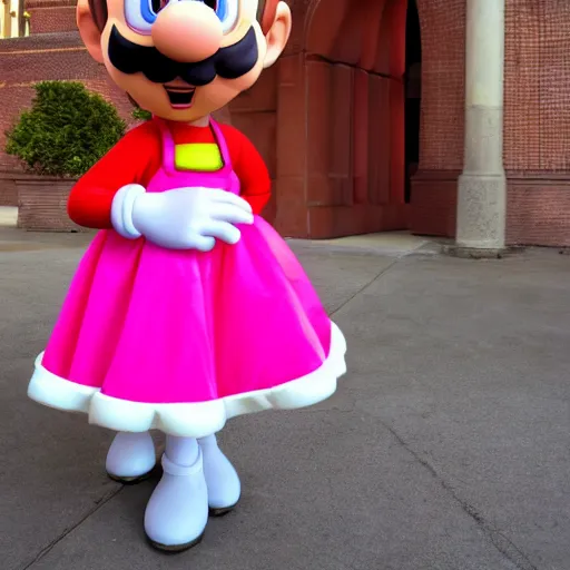 Image similar to mario from super mario wearing a pink dress, pixar animation