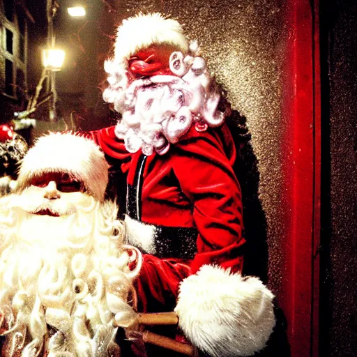 Prompt: glamour shot of a creepy Santa in the alleyway behind a dumpster from David Lynch's Christmas movie. The Santa has weird off-putting eyes. Soft lighting, film grain, VHS copy