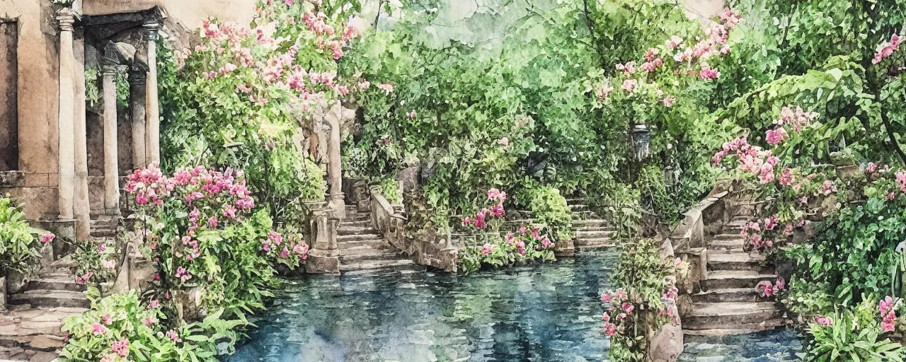 Prompt: isomeric view, stairway, delicate water in a botanic garden, garden road, sparrows, temple in a botanical herbarium paper, watercolor colored painting, iridescent colors, 8 k, realistic shaded, fine details, artstation, italian style, colonnade, flowers, architecture, roma