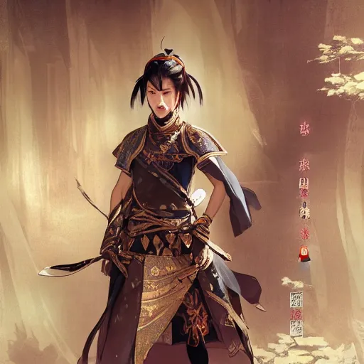 Image similar to ancient asian dynasty princess, three kingdom, dynasty warriors, cute face, standing in an oasis in the desert, 8 k beautiful, elegant, grafity, c 4 d, digital painting, smooth, concept art, in style of yoji shinkawa, pan ren wei, col price, atey ghailan, by greg rutkowski, aesthetic